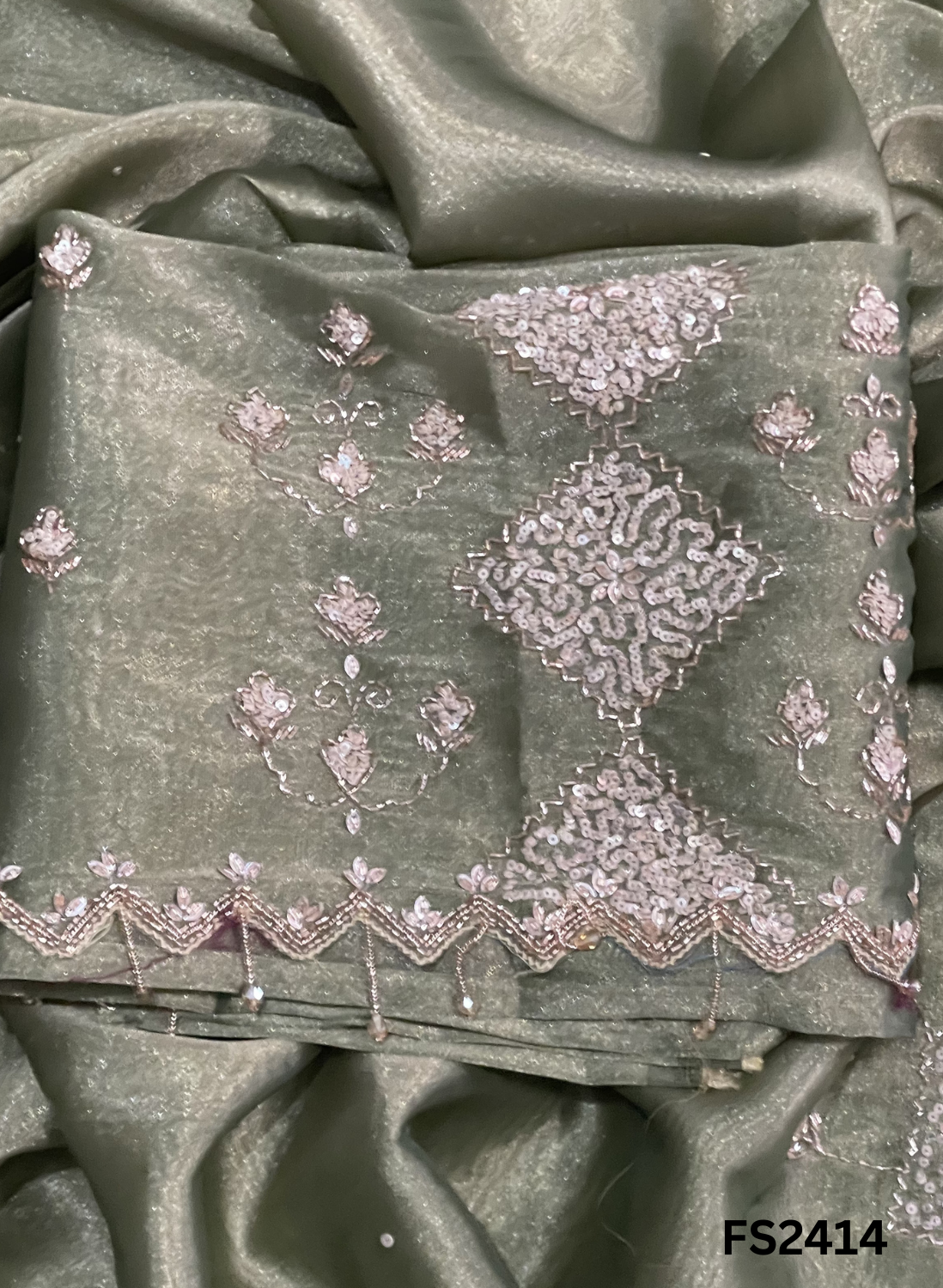 FS2414 | Mehandi-Green | Shimmer Suit | Party Wear | Wedding | Jaggo | Ring Ceremony | Festival
