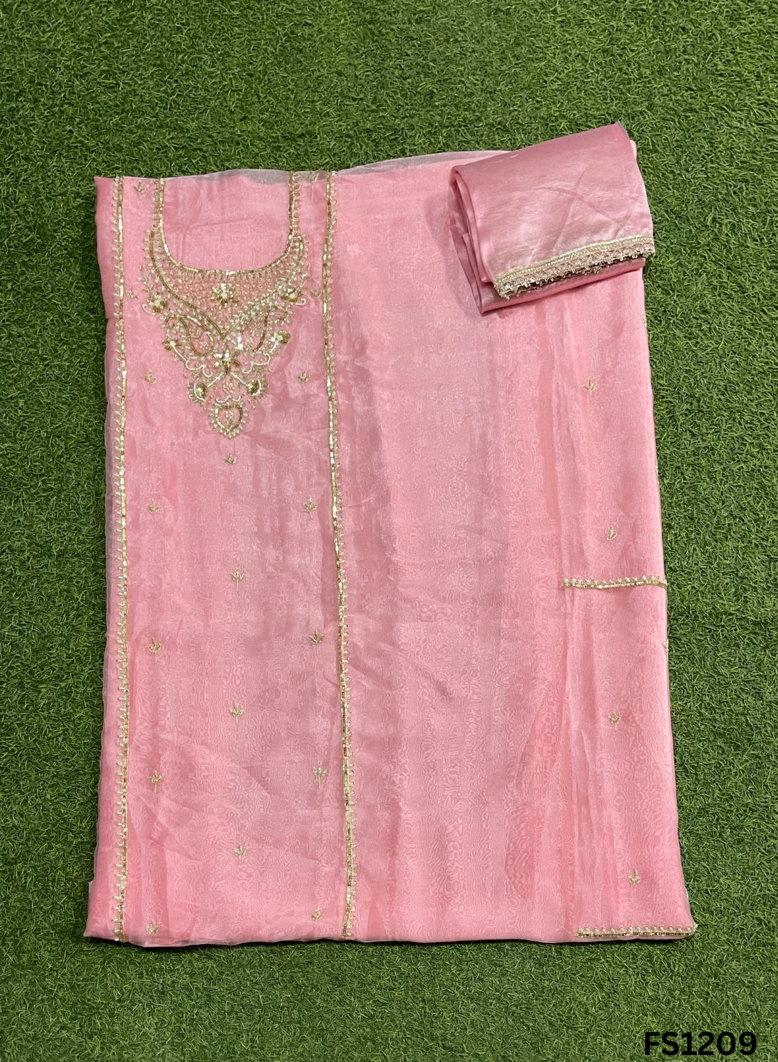 FS1209 | Peach | Glass Shimmer Suit | Party Wear | Wedding | Jaggo | Ring Ceremony | Festival