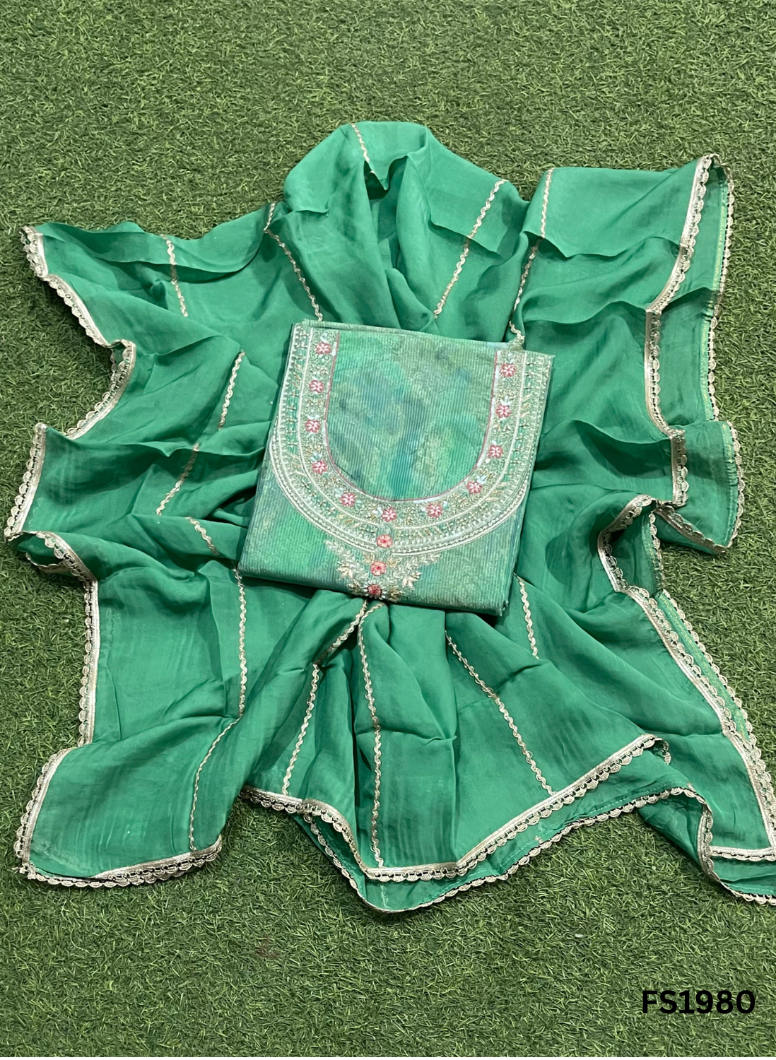 FS1980 | Sea-Green | Self-Print | Shimmer Suit | Party Wear | Wedding | Jaggo | Ring Ceremony | Festival