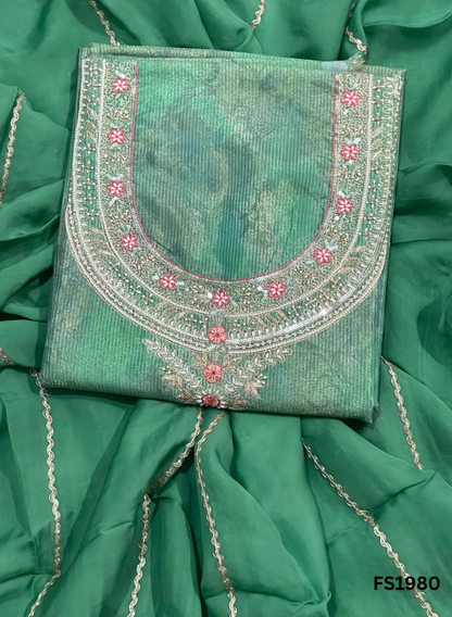 FS1980 | Sea-Green | Self-Print | Shimmer Suit | Party Wear | Wedding | Jaggo | Ring Ceremony | Festival
