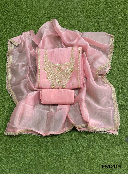 FS1209 | Peach | Glass Shimmer Suit | Party Wear | Wedding | Jaggo | Ring Ceremony | Festival