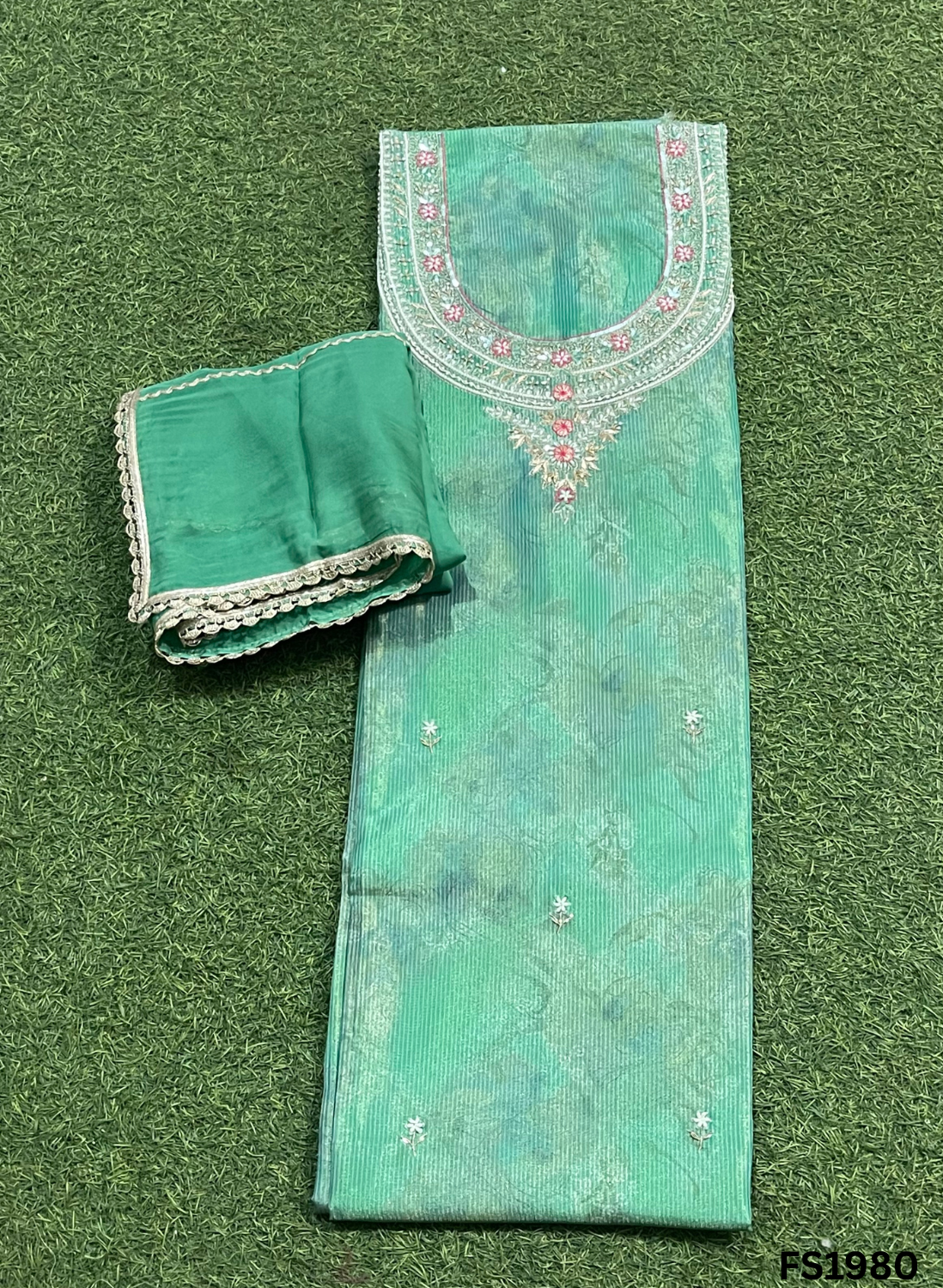 FS1980 | Sea-Green | Self-Print | Shimmer Suit | Party Wear | Wedding | Jaggo | Ring Ceremony | Festival