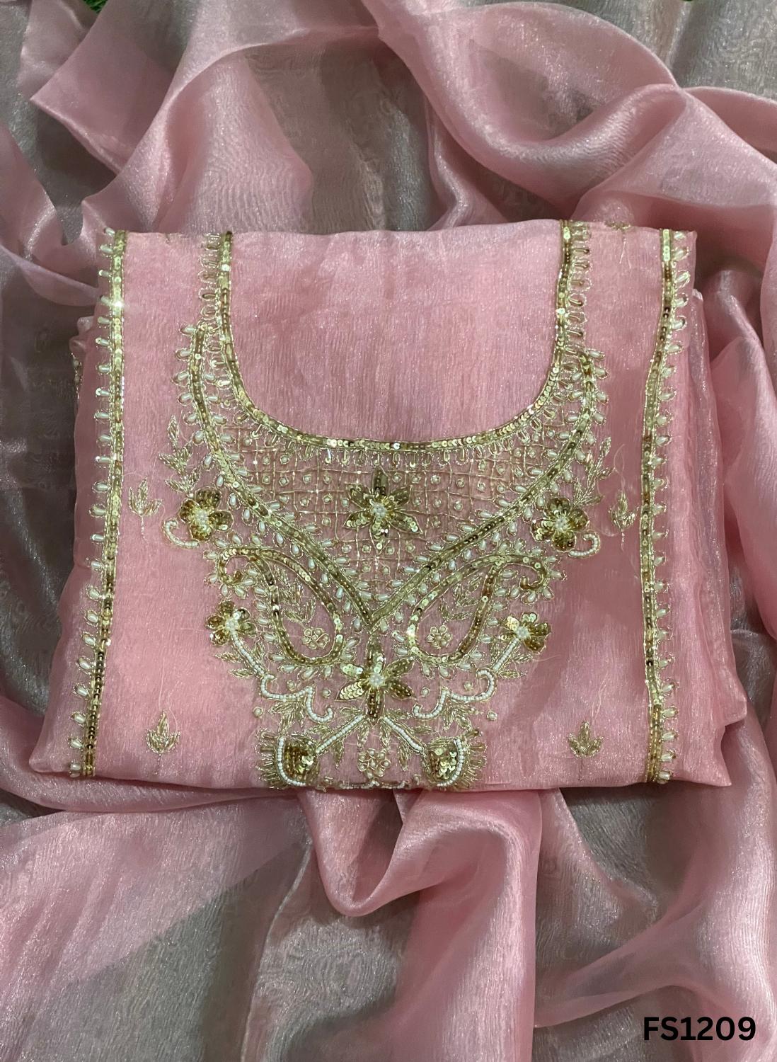 FS1209 | Peach | Glass Shimmer Suit | Party Wear | Wedding | Jaggo | Ring Ceremony | Festival