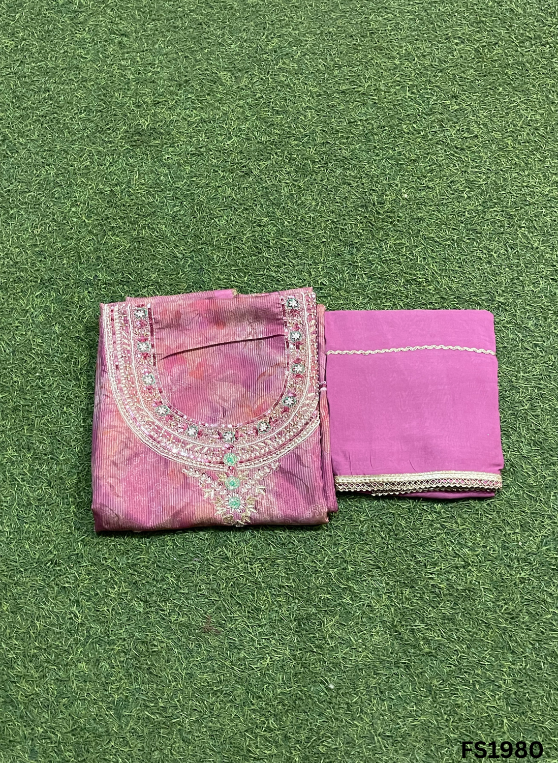 FS1980 | Sea-Green | Self-Print | Shimmer Suit | Party Wear | Wedding | Jaggo | Ring Ceremony | Festival