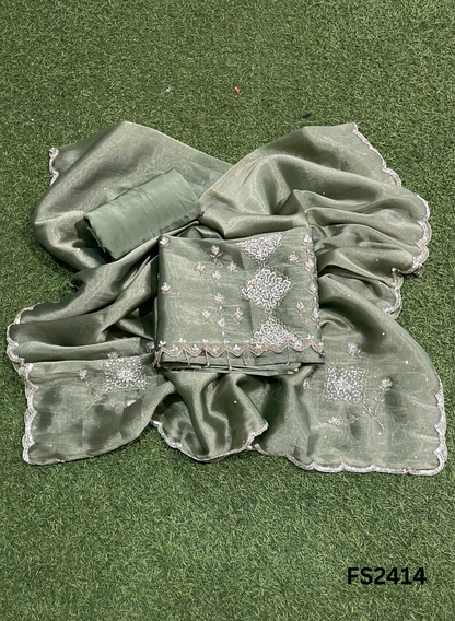FS2414 | Mehandi-Green | Shimmer Suit | Party Wear | Wedding | Jaggo | Ring Ceremony | Festival