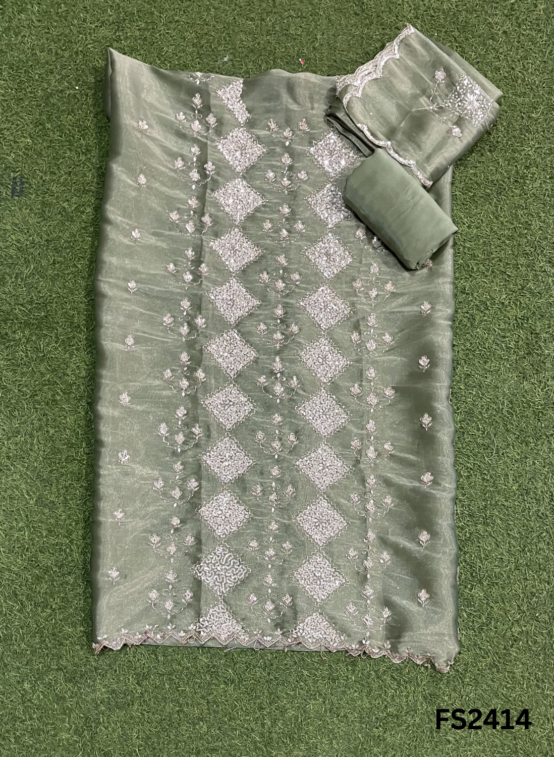 FS2414 | Mehandi-Green | Shimmer Suit | Party Wear | Wedding | Jaggo | Ring Ceremony | Festival