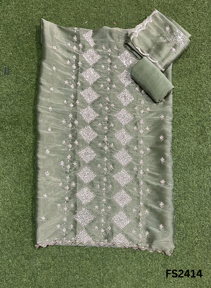 FS2414 | Mehandi-Green | Shimmer Suit | Party Wear | Wedding | Jaggo | Ring Ceremony | Festival