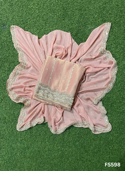 FS598 | Peach | Shimmer Suit | Party Wear | Wedding | Jaggo | Ring Ceremony | Festival