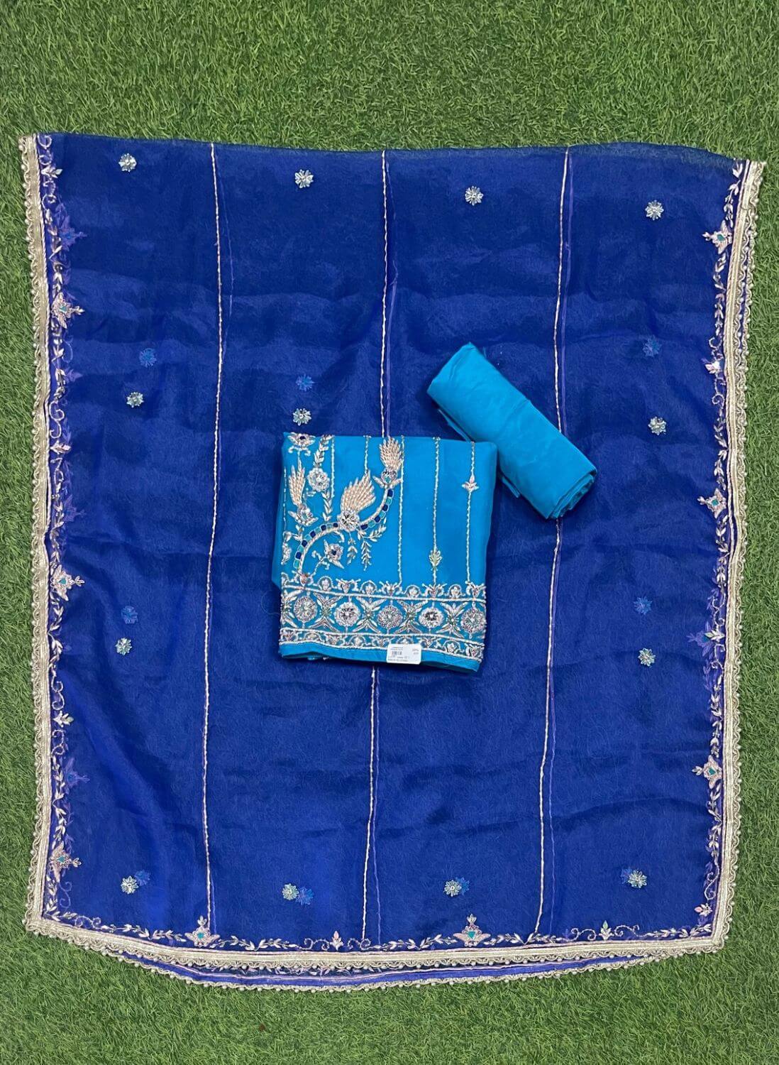 Sky blue and blue Organza Suit | Party Wear | Wedding | Jaggo | Ring Ceremony | Festival | FS376