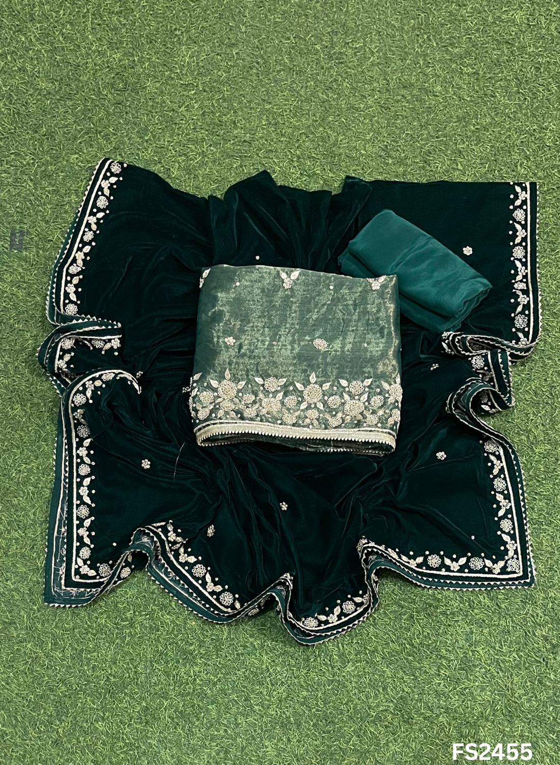 FS2455| Bottle-Green |  Velvet suite | Pure velvet | Wedding | Party Wear | Jaggo | Ring Ceremony | Festival