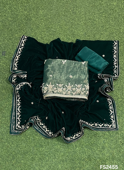 FS2455| Bottle-Green |  Velvet suite | Pure velvet | Wedding | Party Wear | Jaggo | Ring Ceremony | Festival