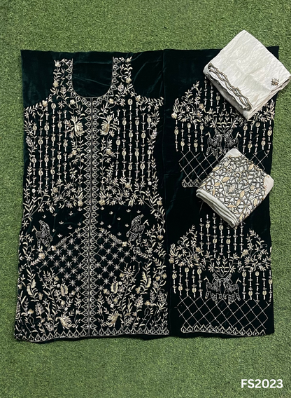 FS2320 | Bottle Green | Velvet suite | Pure velvet | Wedding | Party Wear | Jaggo | Ring Ceremony | Festival