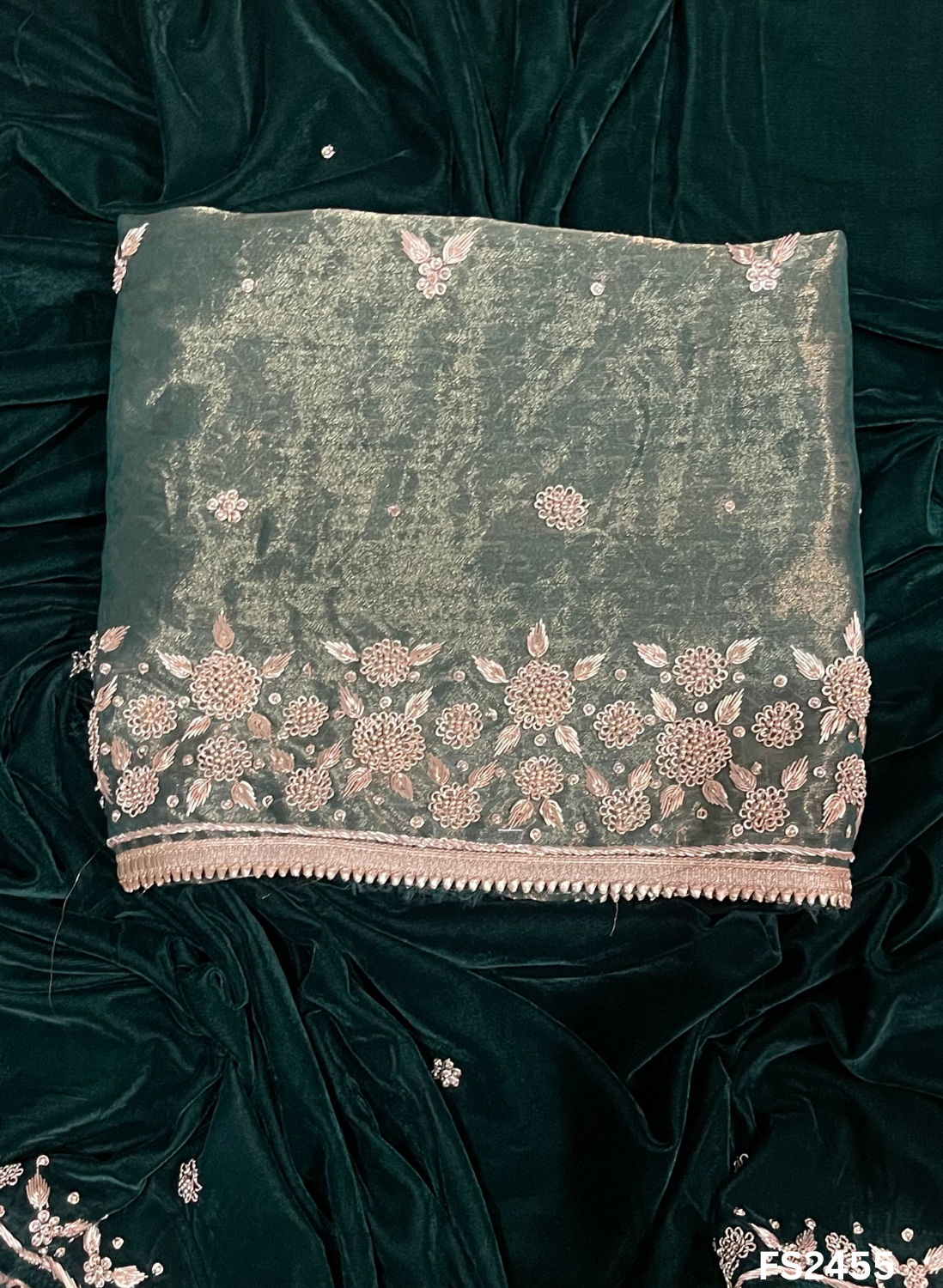 FS2455| Bottle-Green |  Velvet suite | Pure velvet | Wedding | Party Wear | Jaggo | Ring Ceremony | Festival