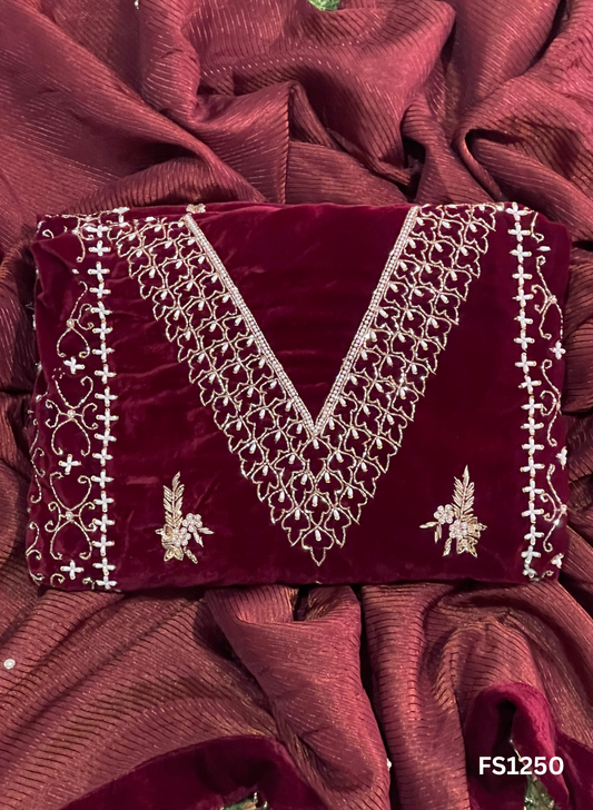 FS2150 | Mehroon | Velvet suite | Pure velvet | Wedding | Party Wear | Jaggo | Ring Ceremony | Festival
