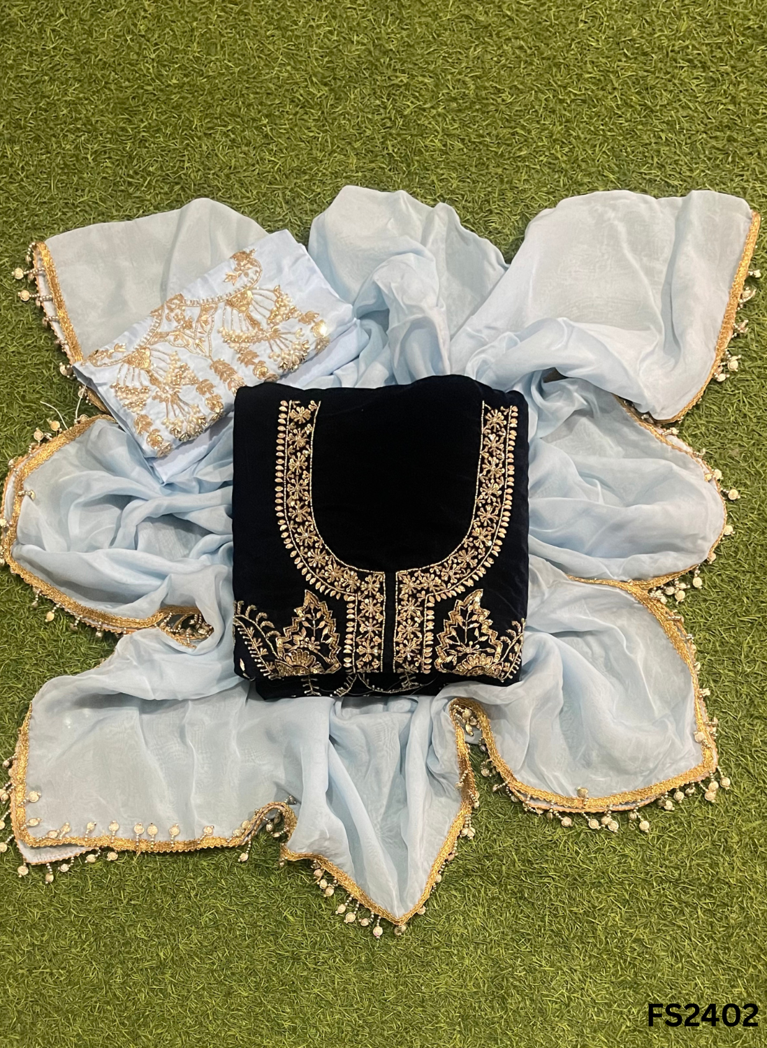 FS2402 | Navy-blue |velvet suit | Pure velvet | Wedding | Party Wear | Jaggo | Ring Ceremony | Festival | Allover