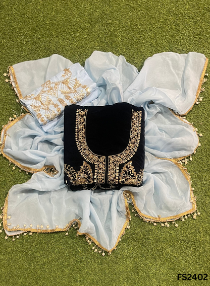 FS2402 | Navy-blue |velvet suit | Pure velvet | Wedding | Party Wear | Jaggo | Ring Ceremony | Festival | Allover