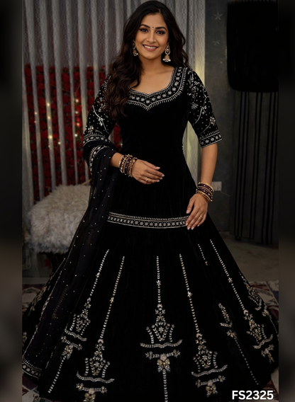 FS2325 | Black | Velvet | Kurti-lehnga |&nbsp; Party Wear | Wedding | Jaggo | Festival