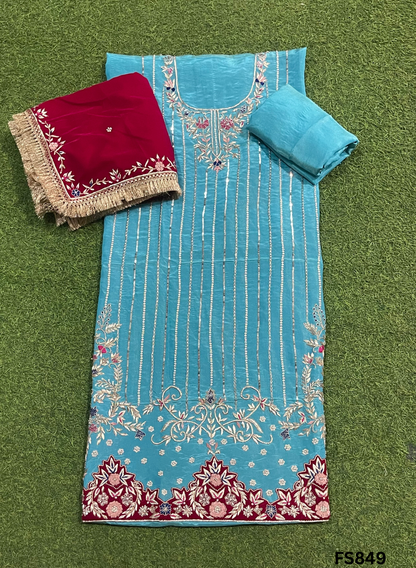 FS849 | Sky-Blue | Shimmer | Velvet suite | Pure velvet | Wedding | Party Wear | Jaggo | Ring Ceremony | Festival | FS436