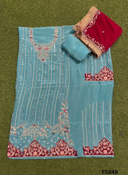 FS849 | Sky-Blue | Shimmer | Velvet suite | Pure velvet | Wedding | Party Wear | Jaggo | Ring Ceremony | Festival | FS436