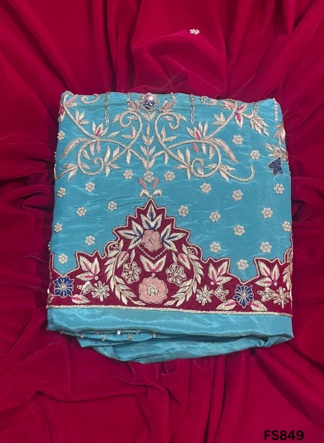 FS849 | Sky-Blue | Shimmer | Velvet suite | Pure velvet | Wedding | Party Wear | Jaggo | Ring Ceremony | Festival | FS436