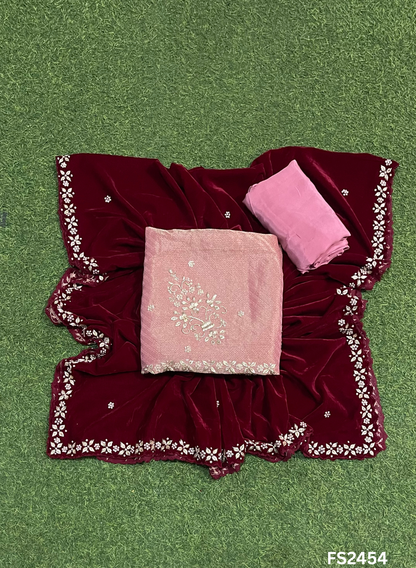 FS2454 | Peach-Wine | Shimmer | Velvet suite | Pure velvet | Wedding | Party Wear | Jaggo | Ring Ceremony | Festival