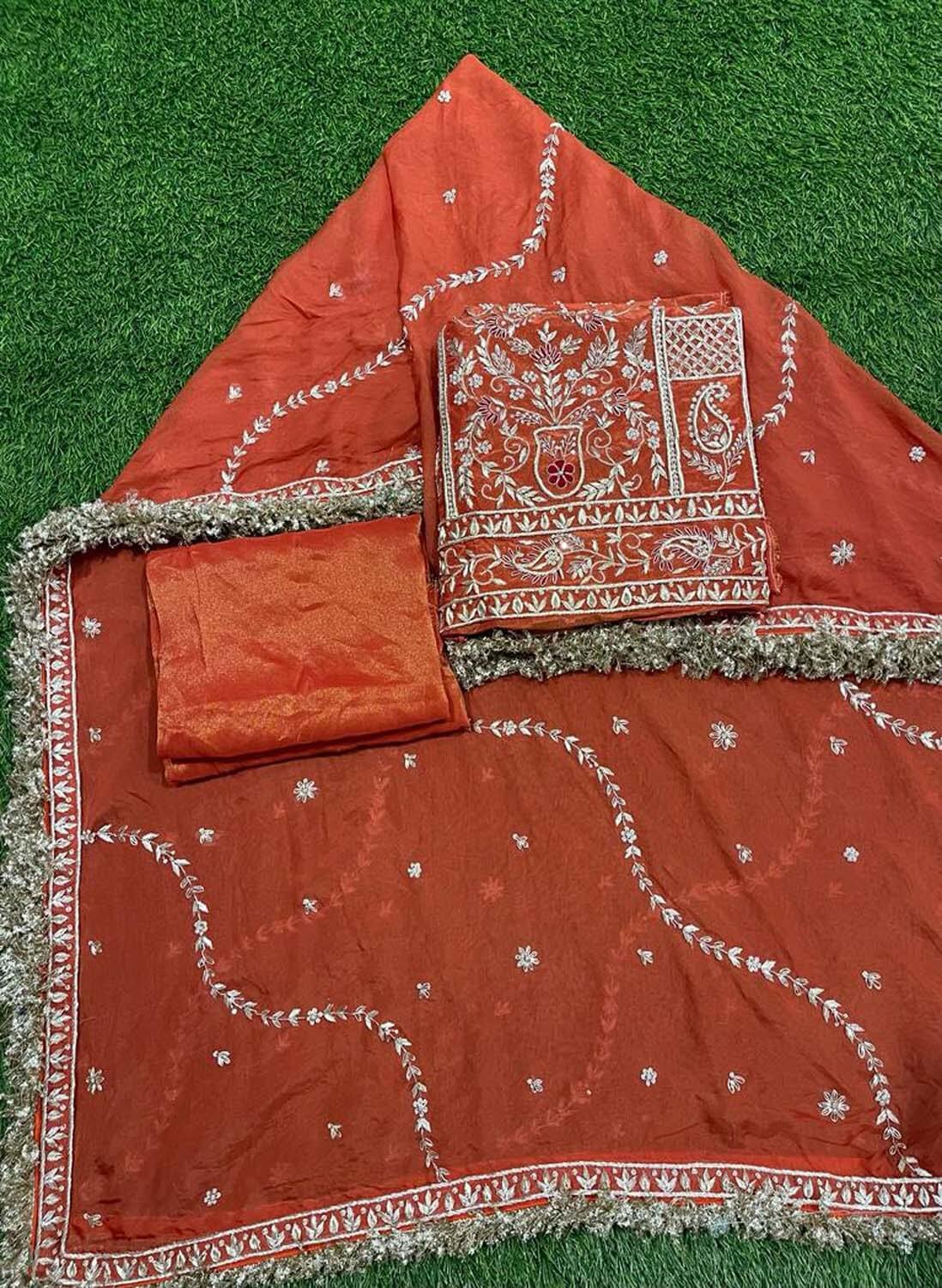 Buy Red Hand Work Organza Punjabi Dress Material Online