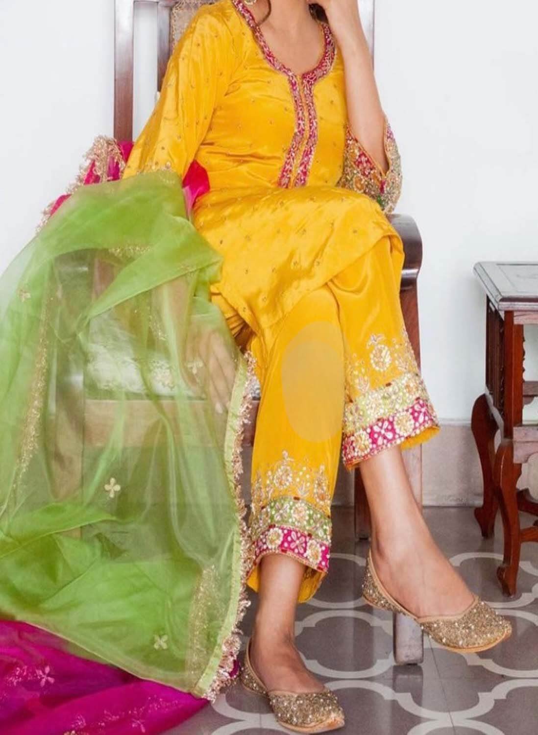 Yellow Crepe Suit | Party Wear | Wedding | Jaggo | Ring Ceremony | Festival | Celebrity